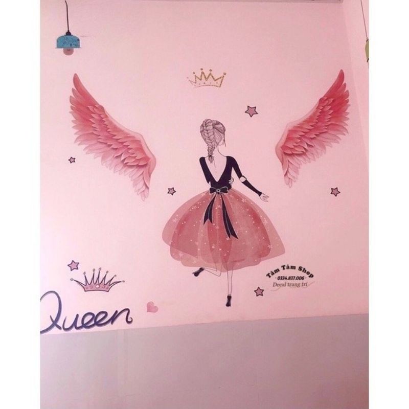 Decal dán tường cô gái váy hồng và đôi cánh thiên thần