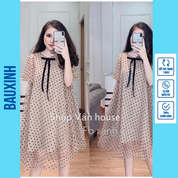 VÁY BẦU CÔNG SỞ DÁNG XUÔNG XINH XẮN,NHẸ NHÀNG - ĐẦM BẦU CHẤM BI CHẤT VOAN ĐẸP CHO MẸ BẦU