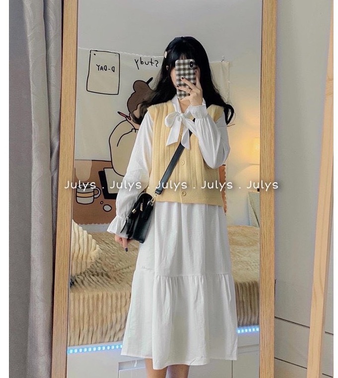 [Ảnh thật] Váy Đầm Đuôi Cá Vải Thô Cooton Mềm Mịn Cổ Nơ 89