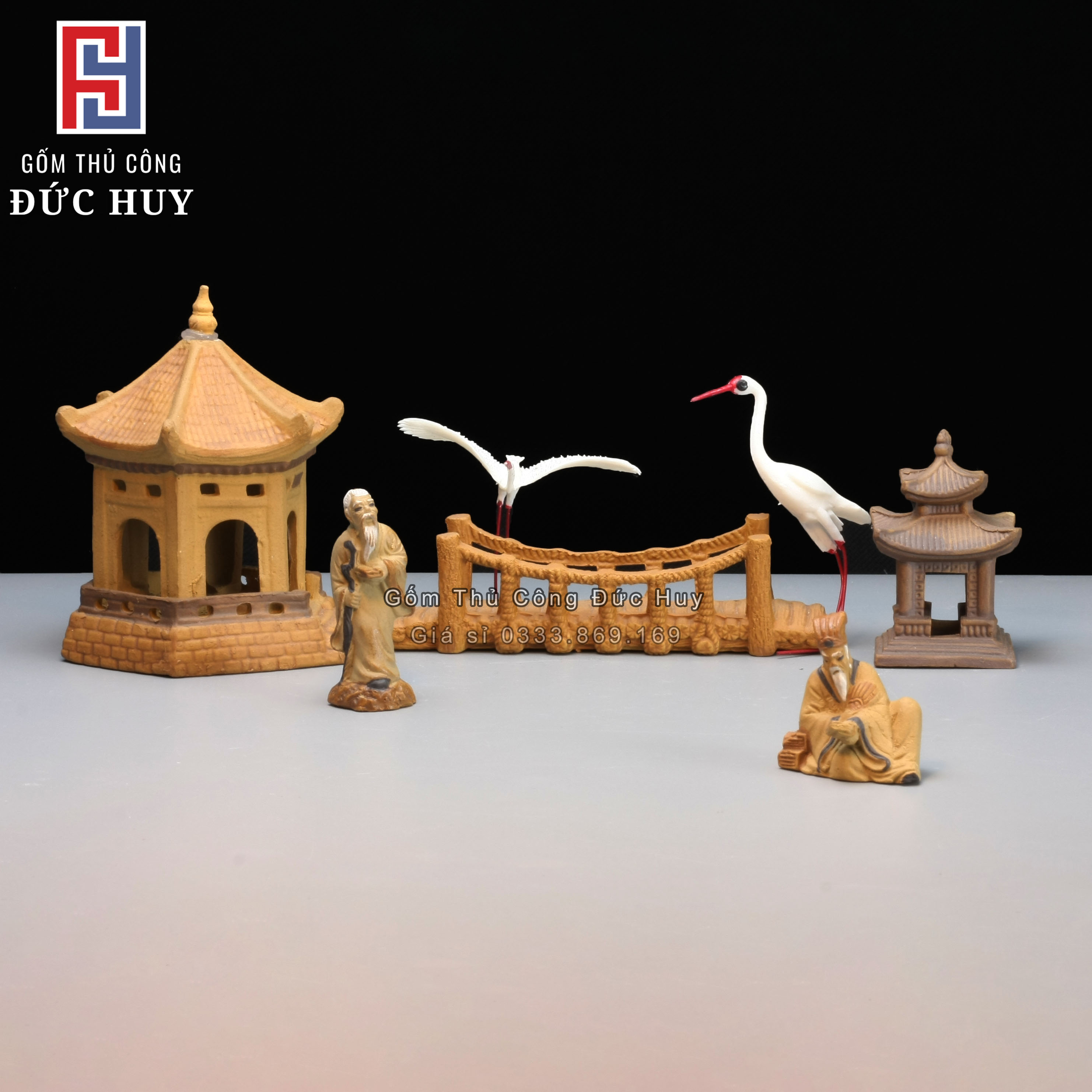 Bộ 7 Tượng Gốm - Trang Trí Hòn Non Bộ - Tiểu Cảnh - Bể Cá - Chậu cây bonsai