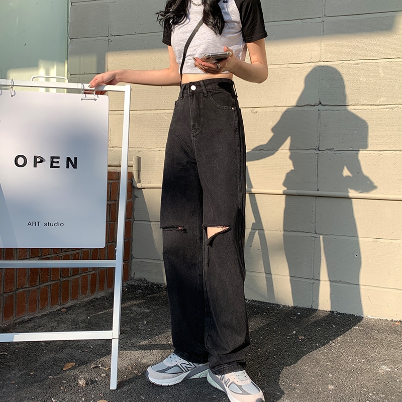 Quần jean ống rộng nữ lưng cao form dài 105cm mẫu hót Pinky79shop, Quần ống rộng suông đứng nữ rách 2 bên gối to hót trean jm2