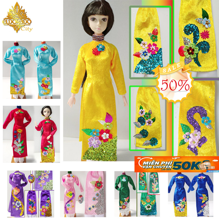 [HCM]Combo bộ Áo Dài Đồ chơi Phụ kiện áo dài Eldorado Áo Dài Nhung có 8 MÀU vẽ thủ công đính hoa văn .đôi GIÀY GIỎ HOA cầm tay