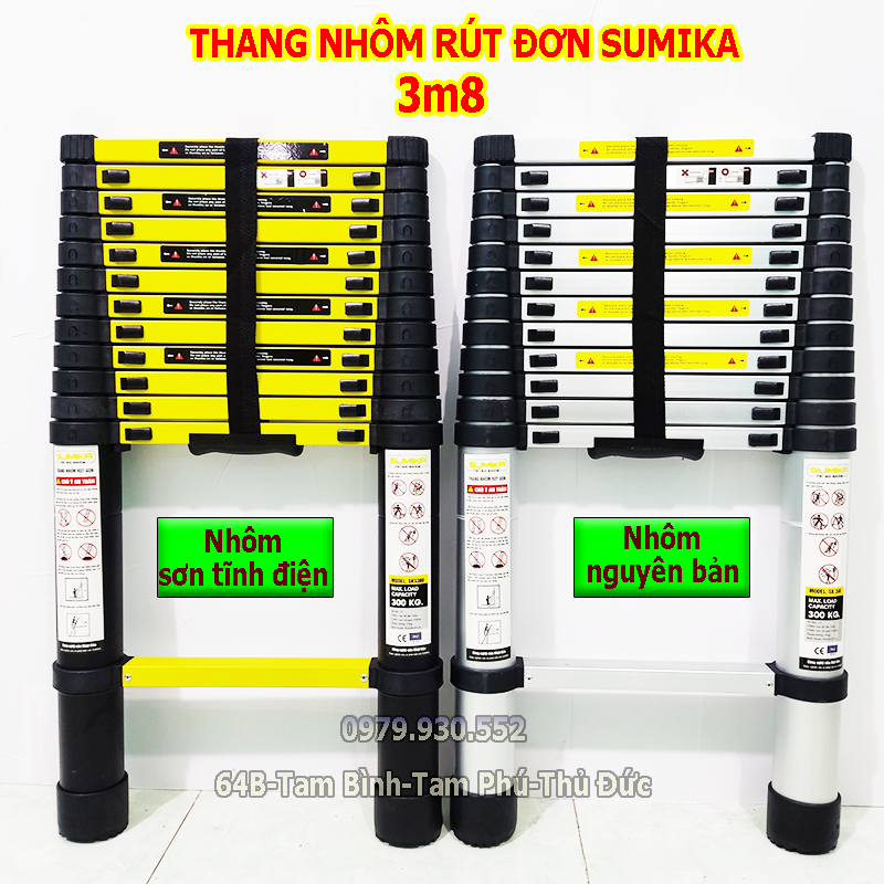 Thang nhôm rút đơn, Thang nhôm rút đơn sơn tĩnh điện Sumika SK380 - SKS380 3m8. Bảo hành 2 năm