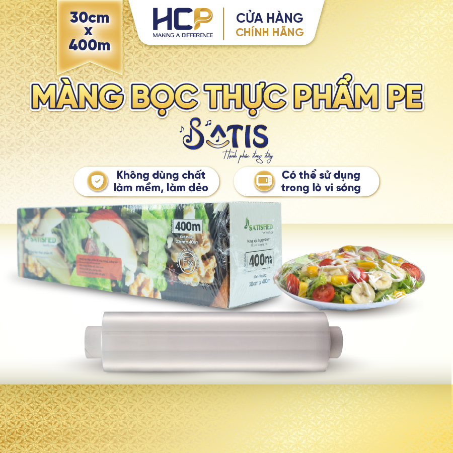 Hộp màng bọc thực phẩm pe satis 30cm x 400m không chứa chất phụ gia gây hại sức khỏe dùng được cho lò vi sóng