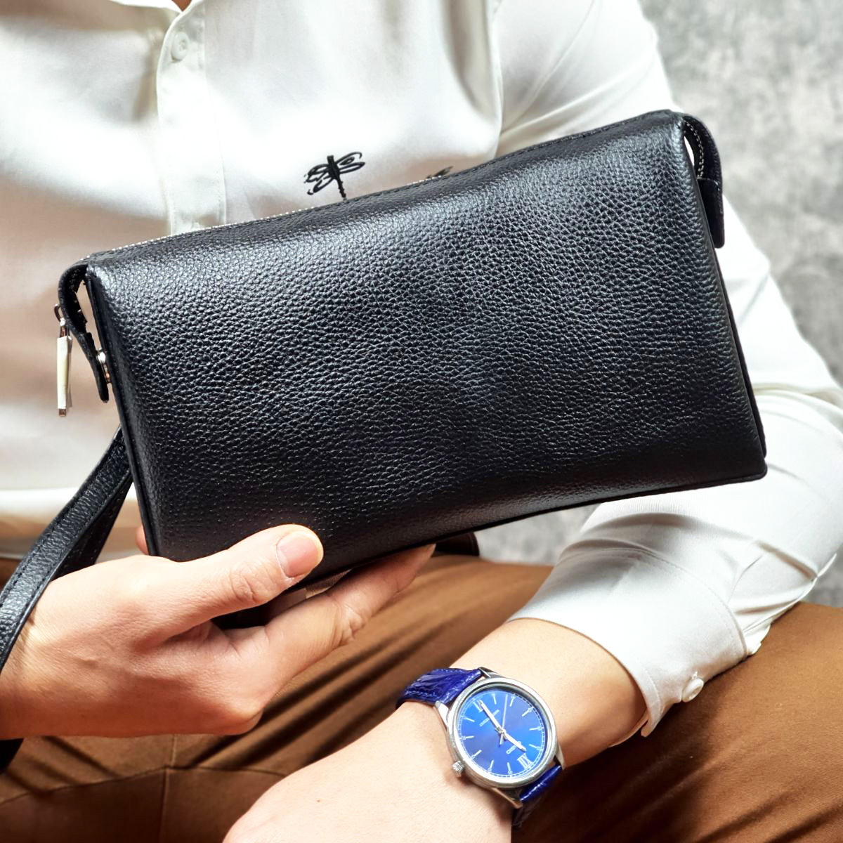 [Da thật] Clutch cầm tay nam da bò thật CL130 (Black/Brown) - 100% da bò thật, BH 3 năm