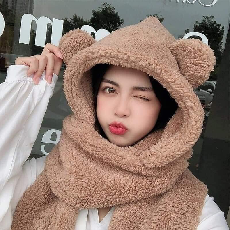 Khăn len quàng cổ nữ mùa đông kèm mũ len tai gấu Kute thời trang cho nữ
