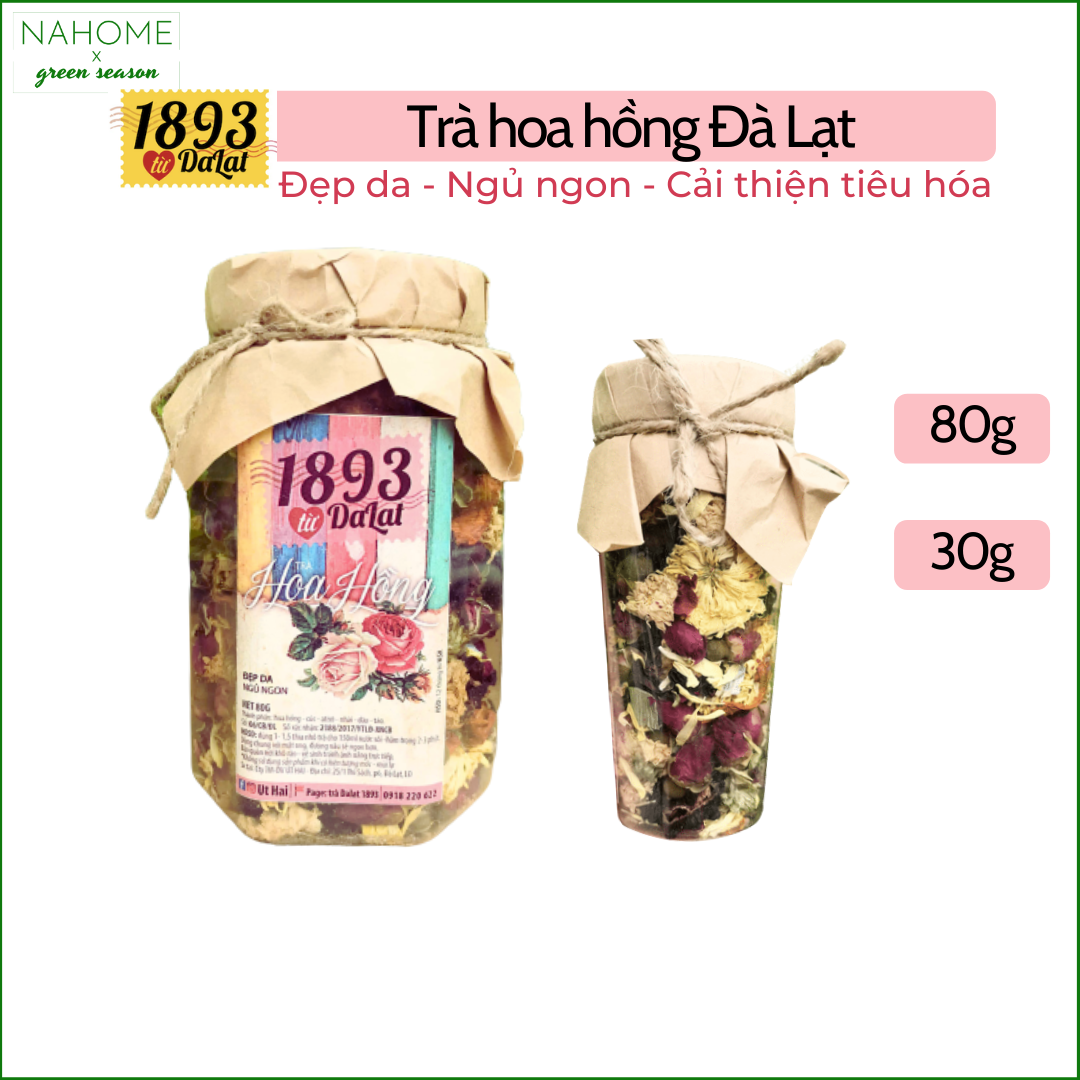 Trà Hoa hồng Đà Lạt sấy khô tốt cho sức khỏe, chống cảm, cải thiện hệ tiêu hóa, dưỡng da, chính hãng Trà Đà Lạt 1893, dạng hộp 30gr và 80gr Nahome