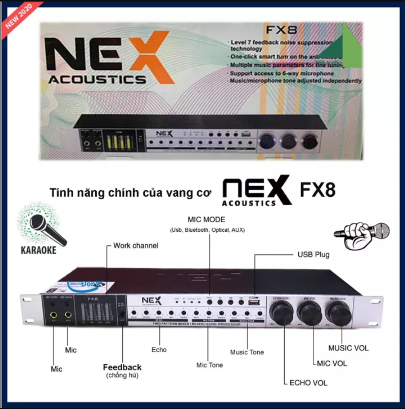 Vang cơ nex acoustics fx8 siêu phẩm thiết kế sang trọng hát karaoke chuyên nghiệp âm thanh đỉnh caochống hú chống giật nâng tiếngbluetoothcổng quang optical cổng rcakết nối cổng usb - vang cơ cao cấp