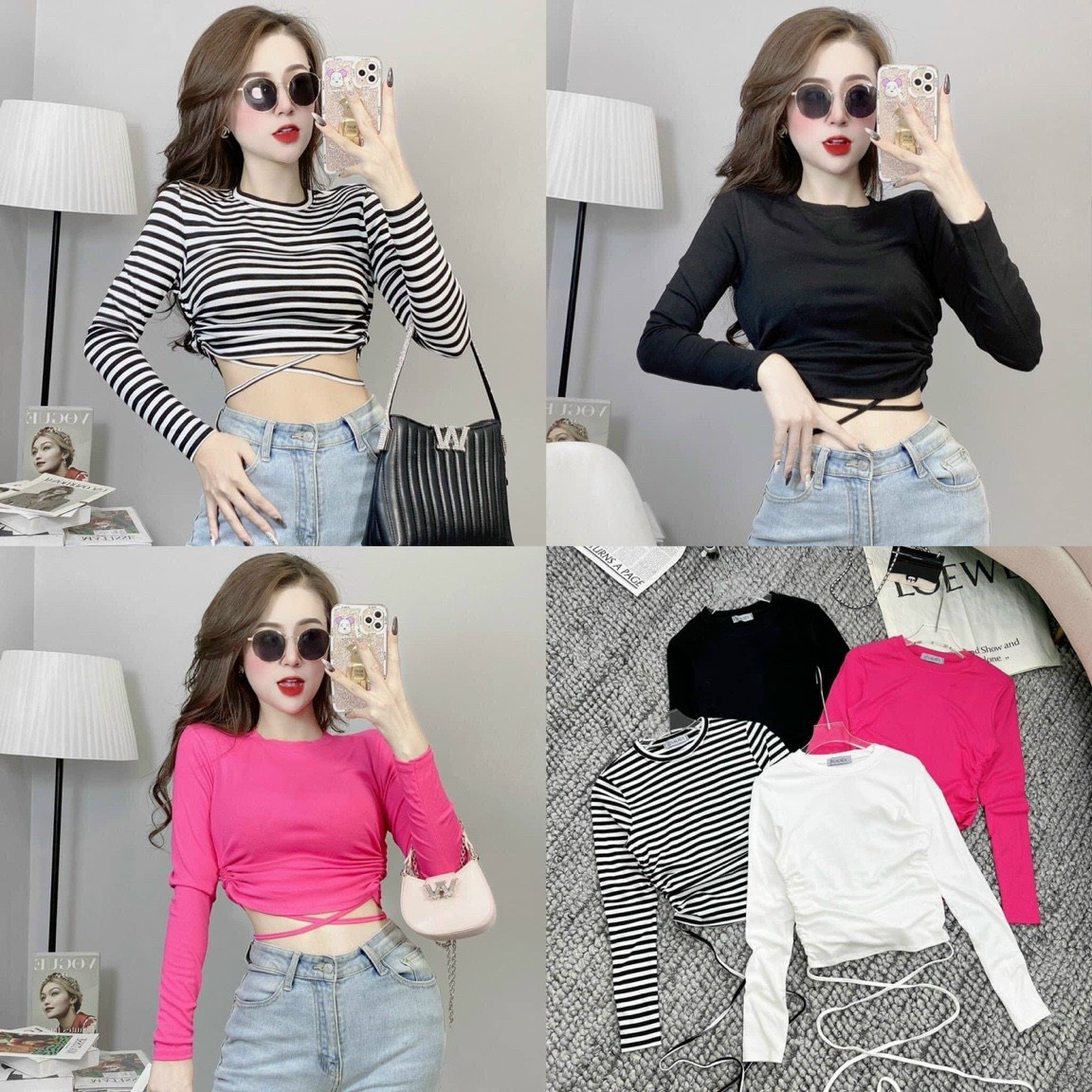 [HCM]Áo thun gân nữ tay dài cổ tròn đan dây eo thời trang cực hot SHOP VANLE