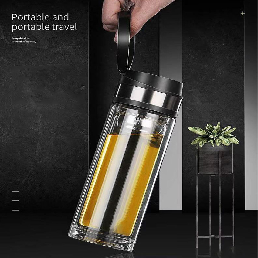 Bình Thuỷ Tinh Lọc Trà 2 Lớp Giữ Nhiệt Có Móc Cầm Dung Tích 320ml Cao Cấp TI0406