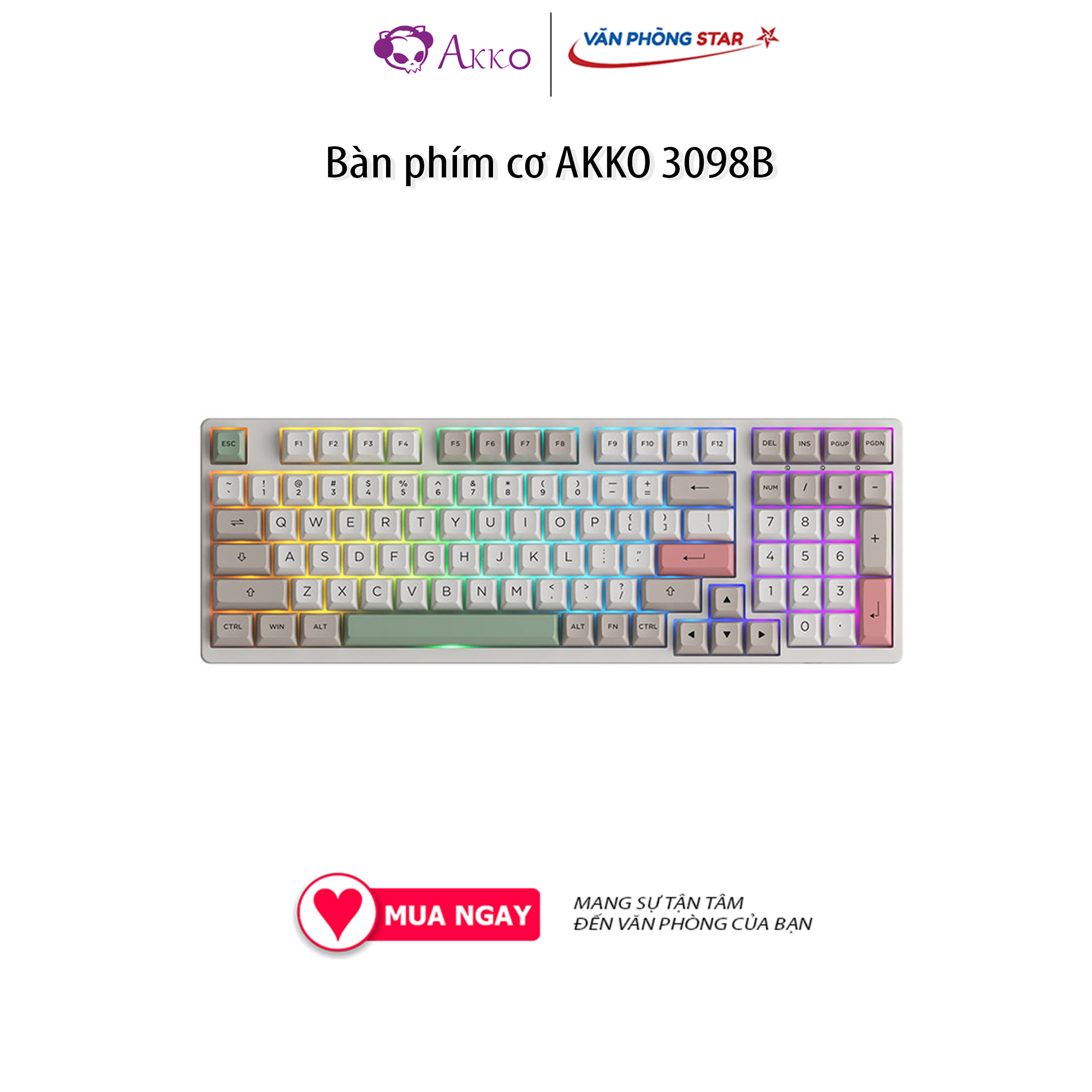 Bàn phím cơ AKKO 3098B, Bluetooth 5.0, 2.4 GHz Wireless, USB Type-C, Full size, Tương thích Windows, MacOS, Linux