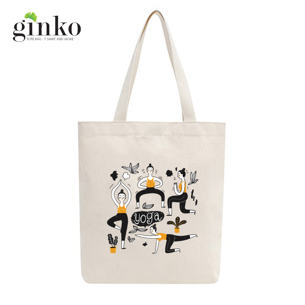 Túi vải tote GINKO kiểu basic dây kéo in hình Yoga