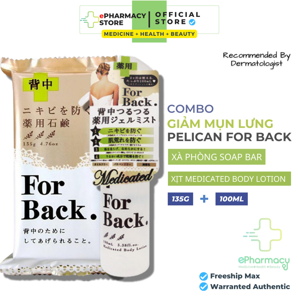 Combo giảm mụn lưng pelican for back - xà phòng soap bar + xịt medicated body lotion gel mist