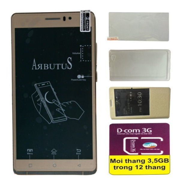 Arbutus AR6 Plus 8GB (Vàng kim) + Bao da + Kính Cường lực + Sim 3G
