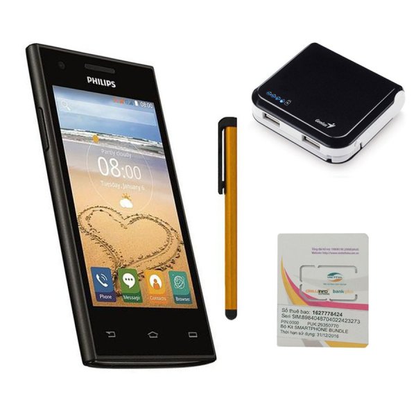 Bộ 1 Philips S309 4GB 2 Sim (Đen) + Bút cảm ứng Stylus Touch 1 đầu Pen-x + Sim Viettel + Pin Sạc Dự Phòng Genius U500 5200mAh