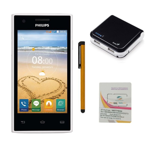 Bộ 1 Philips S309 4GB 2 Sim (Trắng) + 1 Bút cảm ứng Stylus Touch 1 đầu Pen-x + 1 Sim Viettel + 1 Pin Sạc Dự Phòng Genius U500 5200mAh