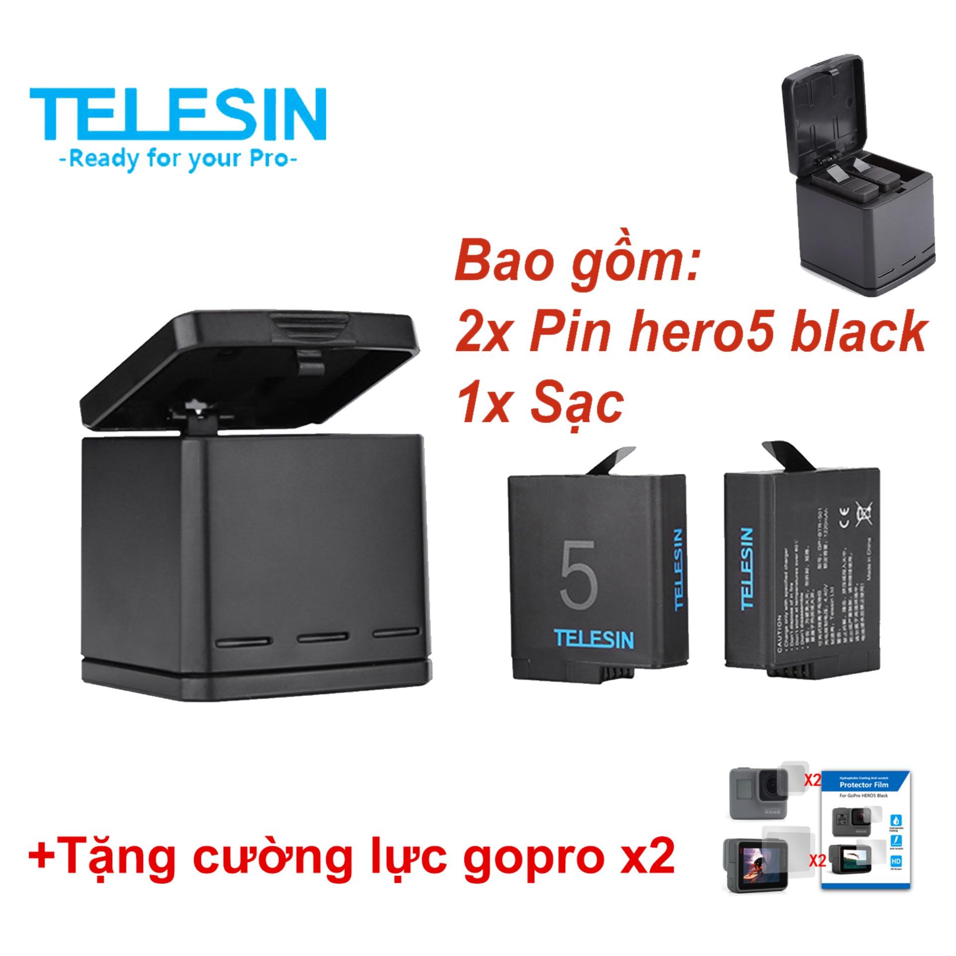 Bộ 2 pin và dock sạc 3 khe Telesin cho Gopro hero 5 6 7 8 white silver black