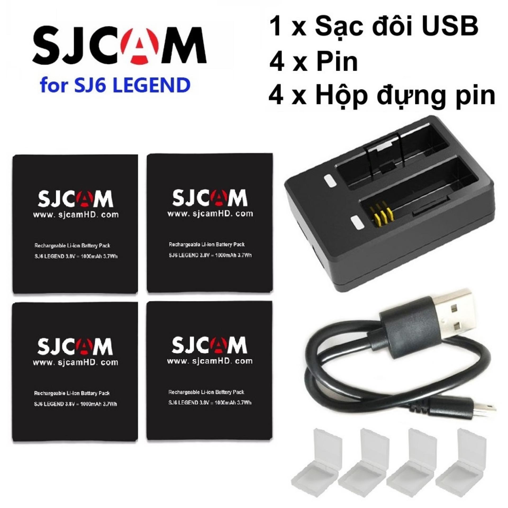 Pin SICAM SJ6 Star 1000mAh 3.8V(4 viên ) + Sạc đôi SJCAM SJ6+ 4 Hộp đựng Pin SJCAM - Pin SJCAM đạt chuẩn CE đúng dung lượng
