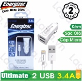 Sạc ô tô cao cấp energizer ul 2 cổng usb 3.4a + 1 cáp lightning mfi dài 1m - dca2culi3