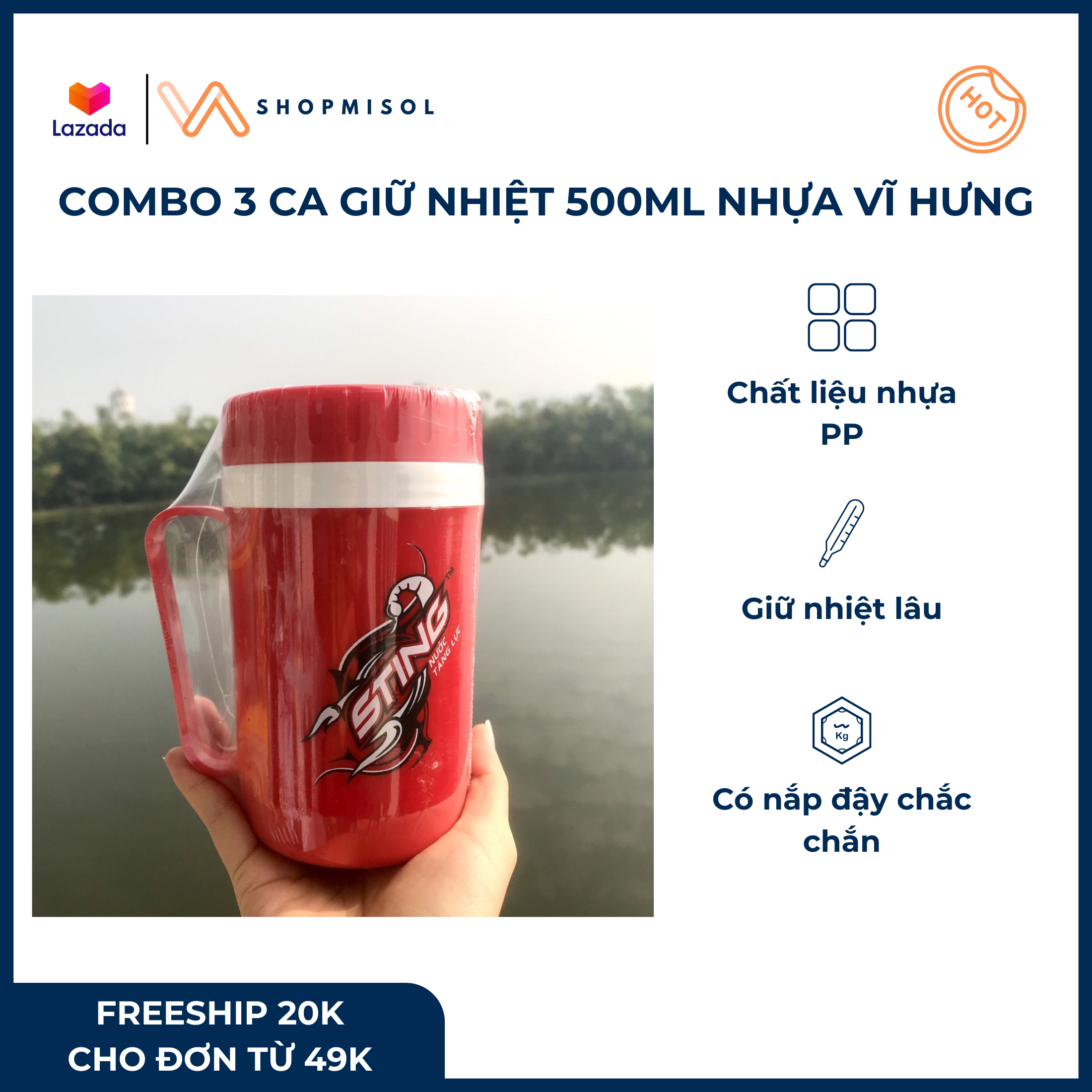 [HCM]Combo 3 ca giữ nhiệt ca giữ đá ca giữ lạnh nhựa Vĩ Hưng 500ML - Kích thước 12*15.5cm màu đỏ có nắp đậy và tay cầm giúp giữ nhiệt lâu