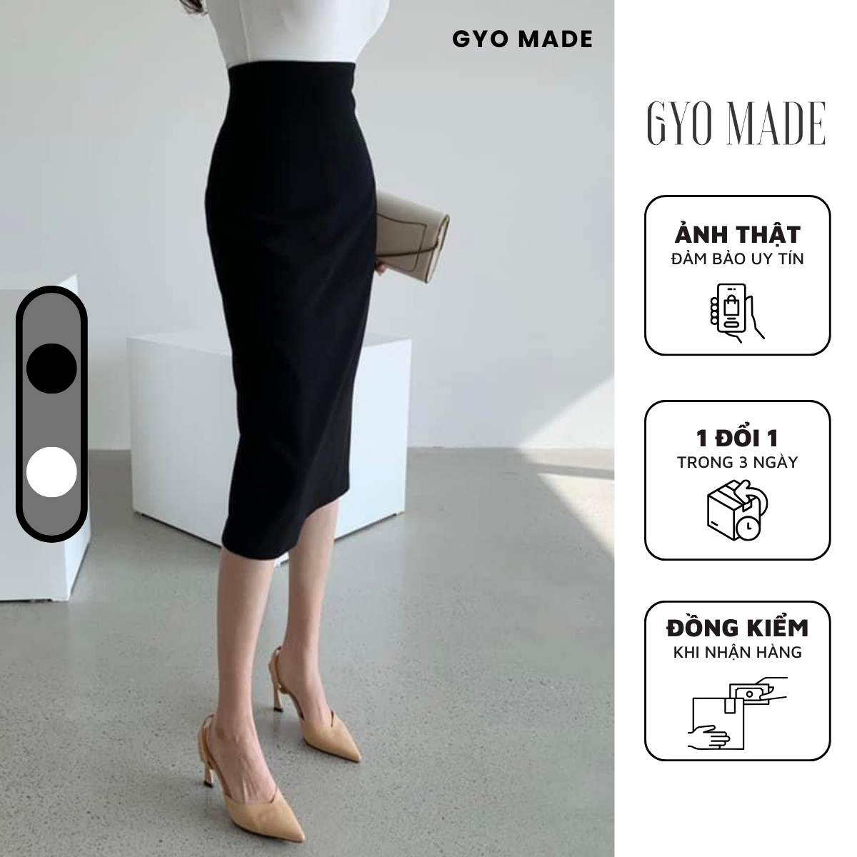 Chân váy bút chì GYOMADE® dáng dài công sở phong cách Hàn Quốc màu đen/trắng | GV001