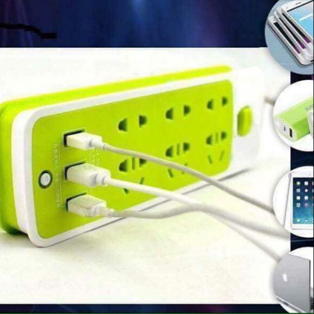 Ổ cắm điện kiêm cổng USB đa năng màu xanh cho gia đình 6 cổng cắm 3 cổng USB