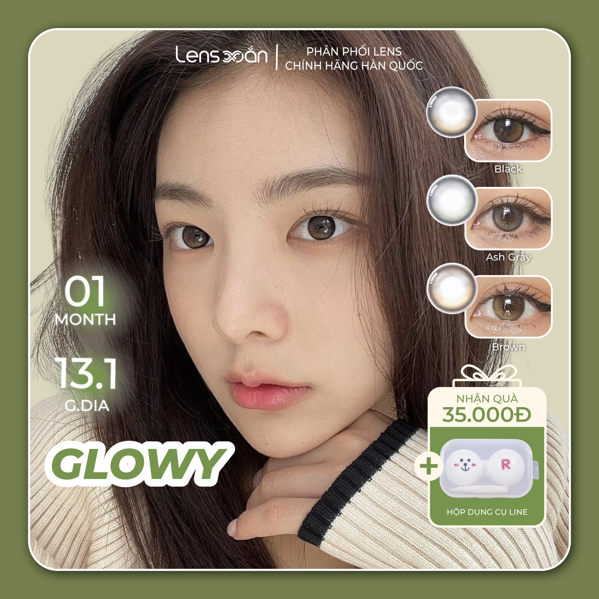 Kính áp tròng 1 tháng LENS XOẮN ánh 3 sắc độ lens hàn quốc tone tự nhiên OLENS EYELIGHTER GLOWY