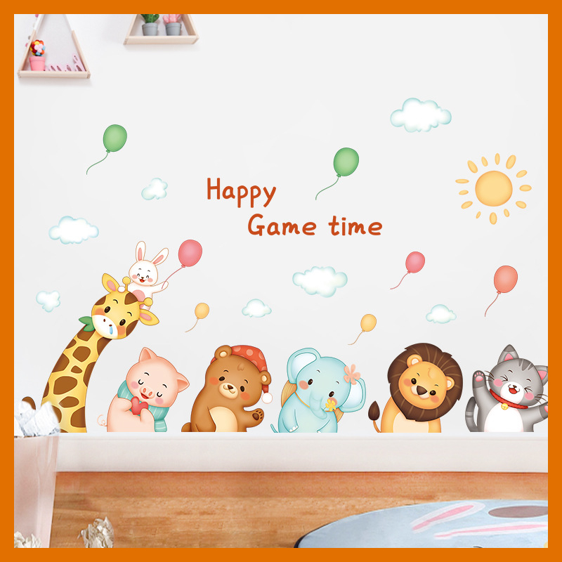 Decal dán tường động vật vui vẻ cho bé happy game time QR9247