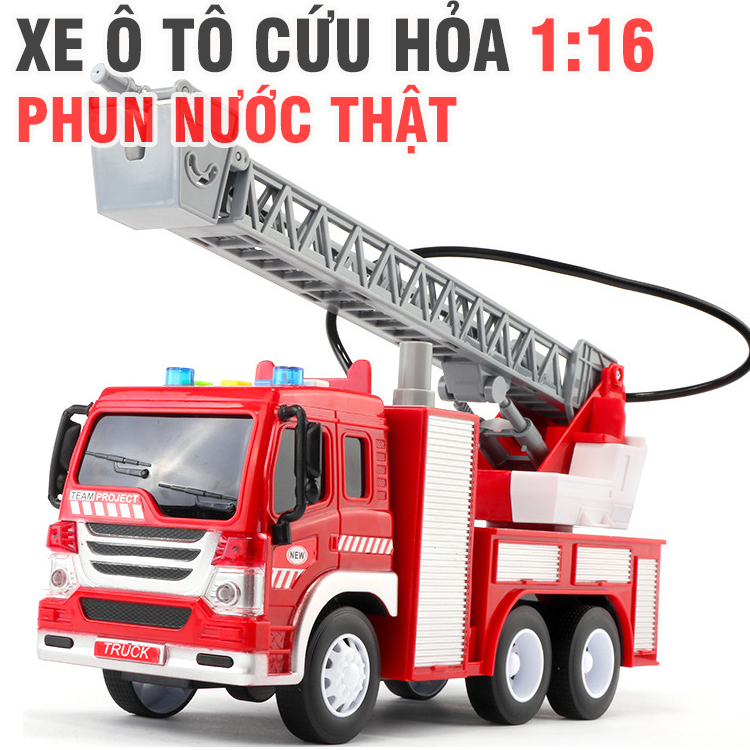 Mô hình xe ô tô cứu hỏa phun được nước thật  - xe đồ chơi trẻ em bằng nhựa tỉ lệ 1:16 có âm thanh và đèn