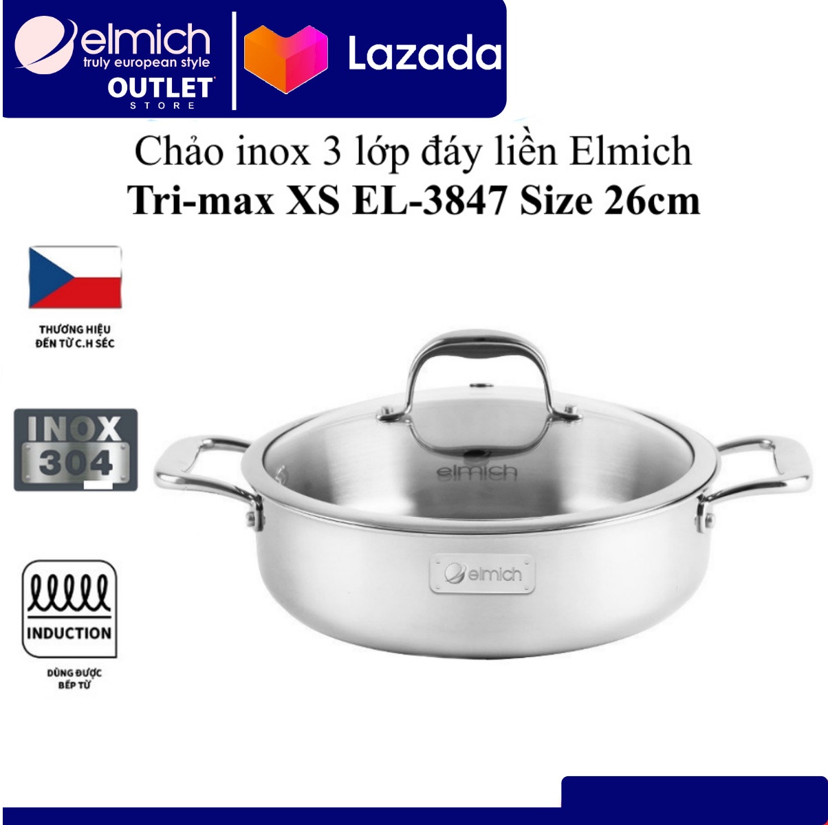 Chảo inox 3 lớp liền khối, kiêm nồi lẩu elmich trimax xs el-3847