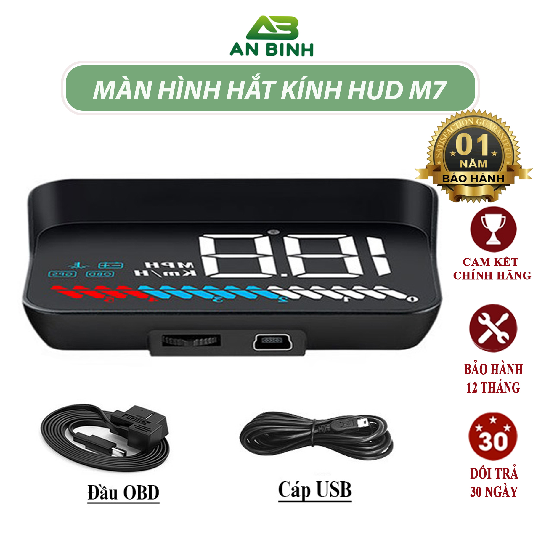 Màn hình hắt kính hud m7, hiển thị tốc độ và cảnh báo tốc độ ô tô, xe hơi cắm cổng obd2 + usb gps