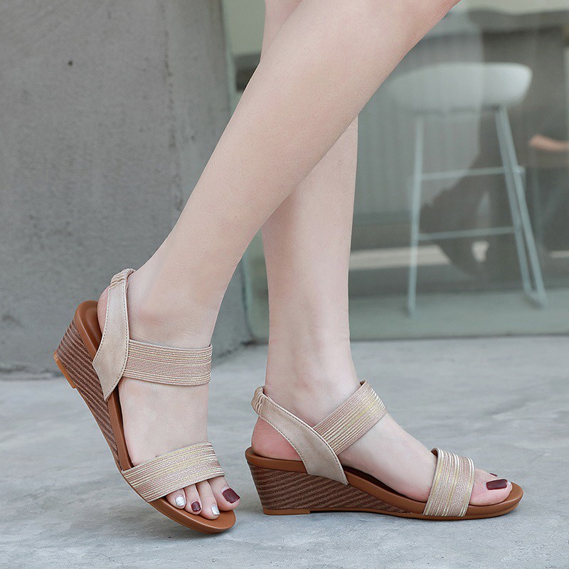 Sandal quai ngang đế xuồng 5.5cm, chất da ánh kim sang trọng size 36-40