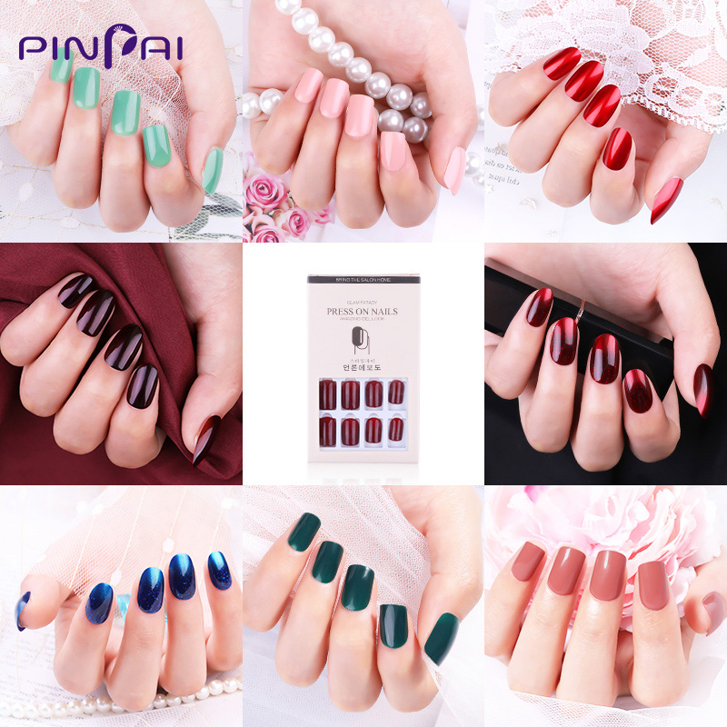 PINPAI 12pcs box With Designed Beautiful Fake Nails Kit Artificial Tips