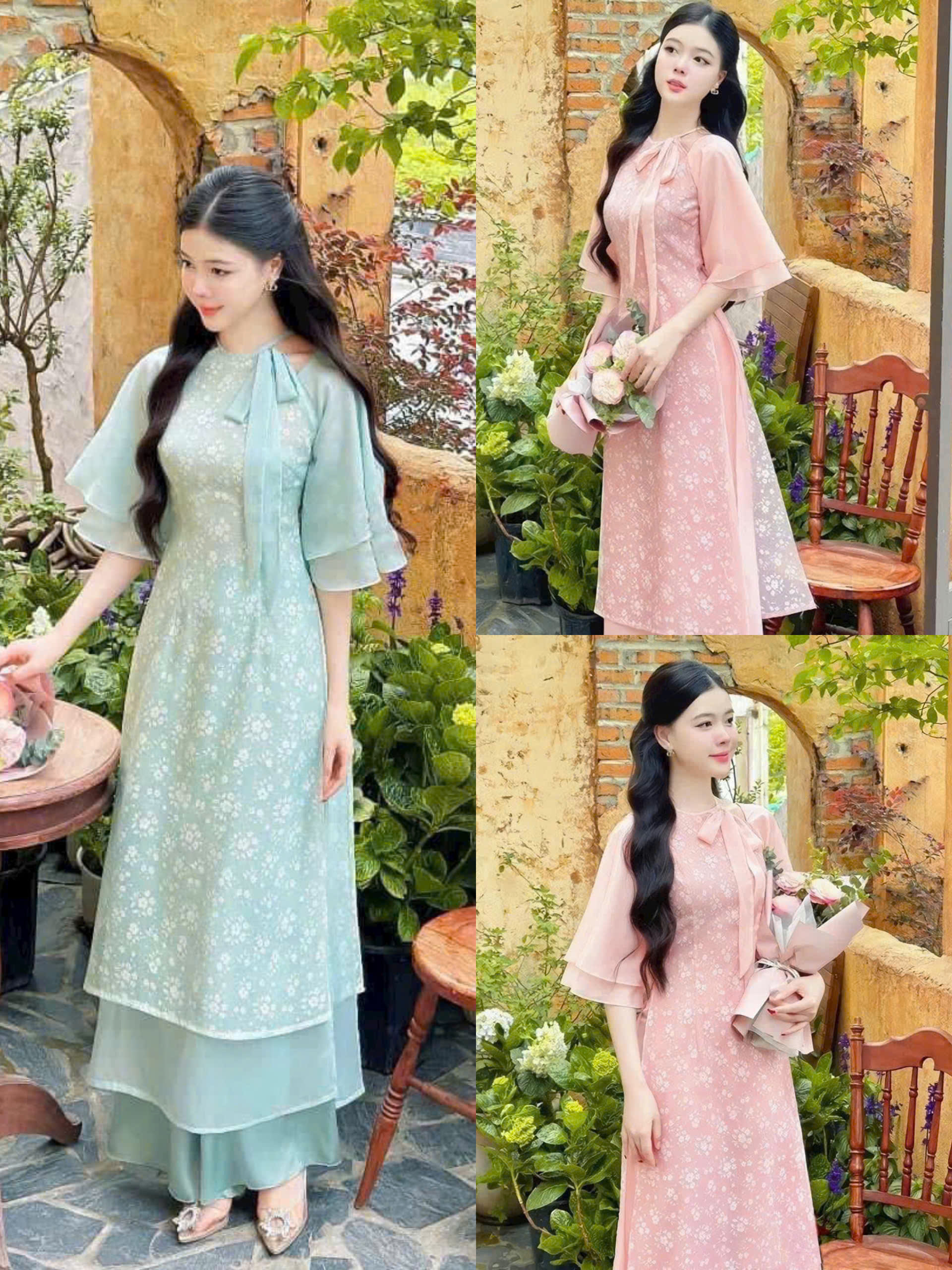 Set ÁO DÀI cách tân nữ màu sắc dịu dàng áo voan tơ in hoa 2 lớp cổ tròn cột nơ tay lỡ phối quần suông vải lụa xinh