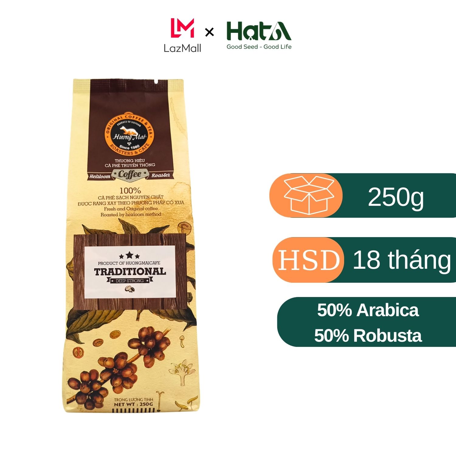 Cà Phê Rang Xay Nguyên Chất 100% Hương Mai Cafe Traditional Coffee (Deep Strong) Đậm Đà Hương Vị Truyền Thống Cà Phê Việt - Dạng Bột/ Hạt 250g