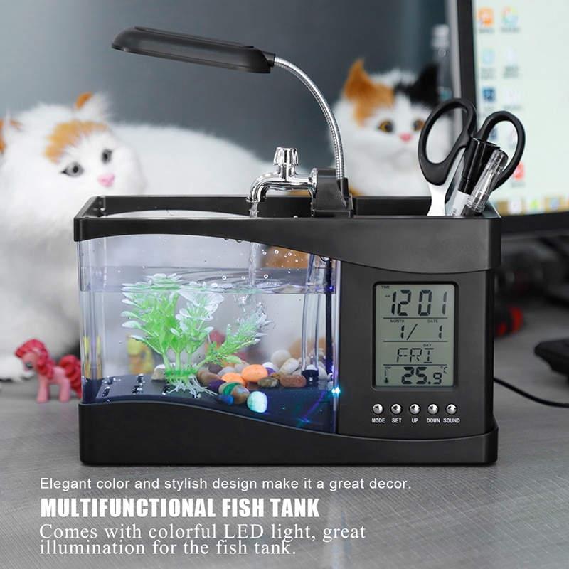 Bể cá cảnh mini để bàn kiêm đồng hồ báo thức đèn led tiện dụng