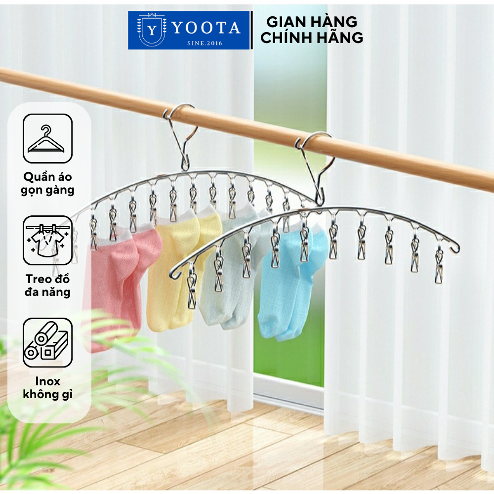 Móc phơi tất inox, móc phơi đồ quần áo đa năng chống rơi kèm 8 kẹp