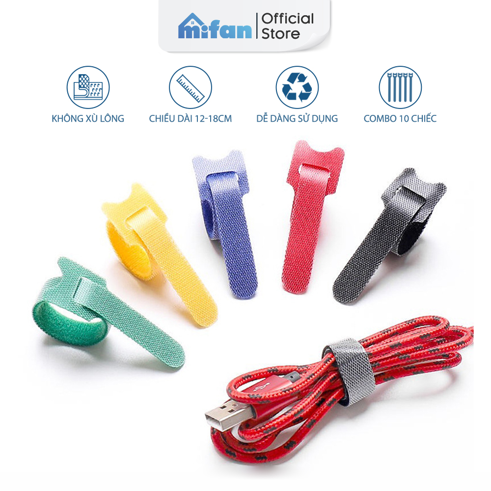 Dây Dán Velcro 2 Mặt Đa Năng MIFAN - Dài 18cm, 10 chiếc/set - Buộc Gọn Dây Cáp Sạc Điện Thoại, Máy Tính, Tai Nghe - Không Xù Lông