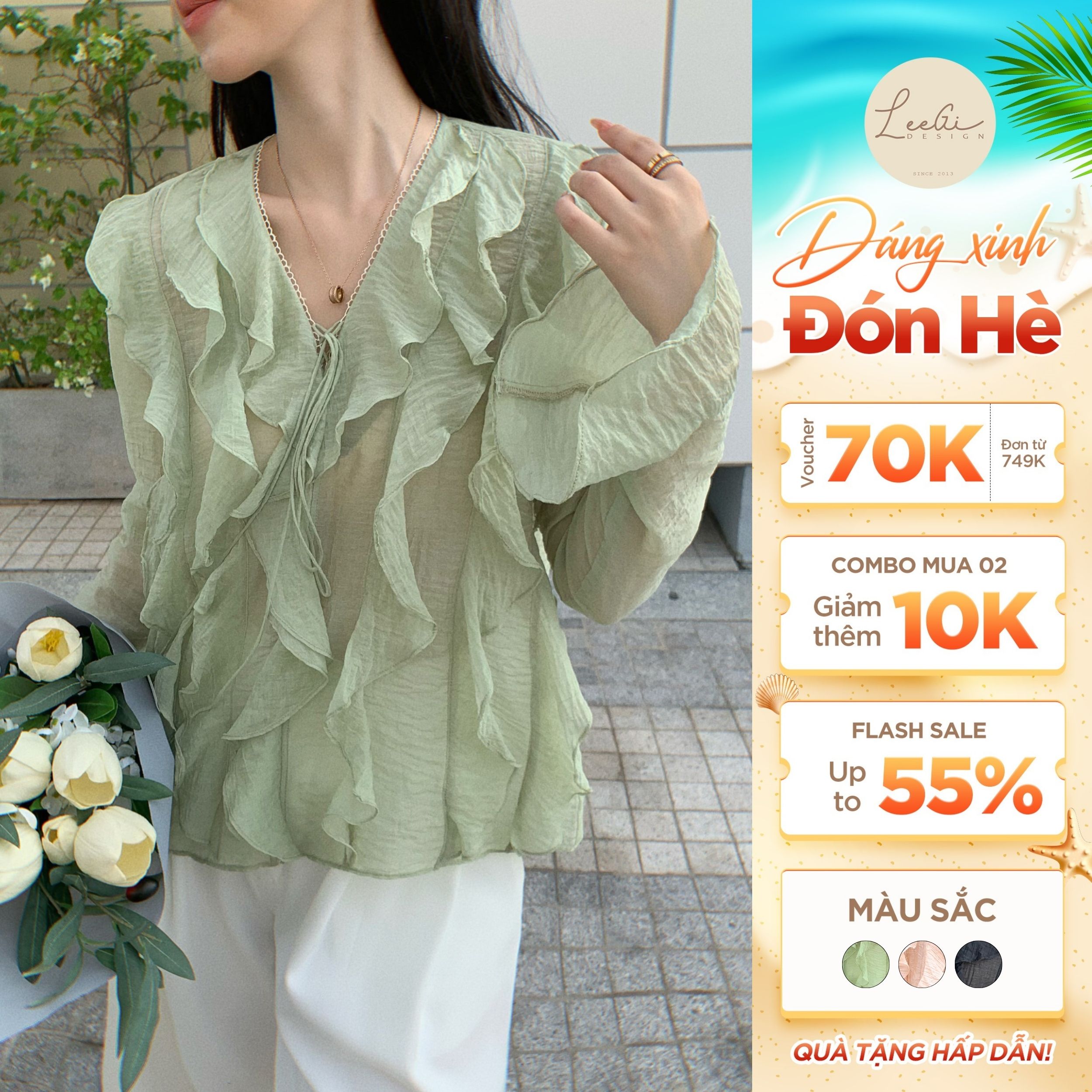 Áo tơ nhăn cổ V phối bèo xanh/đen/be Leegi Design