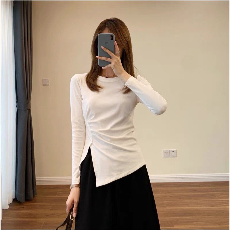 Áo thun nữ dài tay nhún eo vạt lệch xẻ tà cotton mềm co giãn td-900
