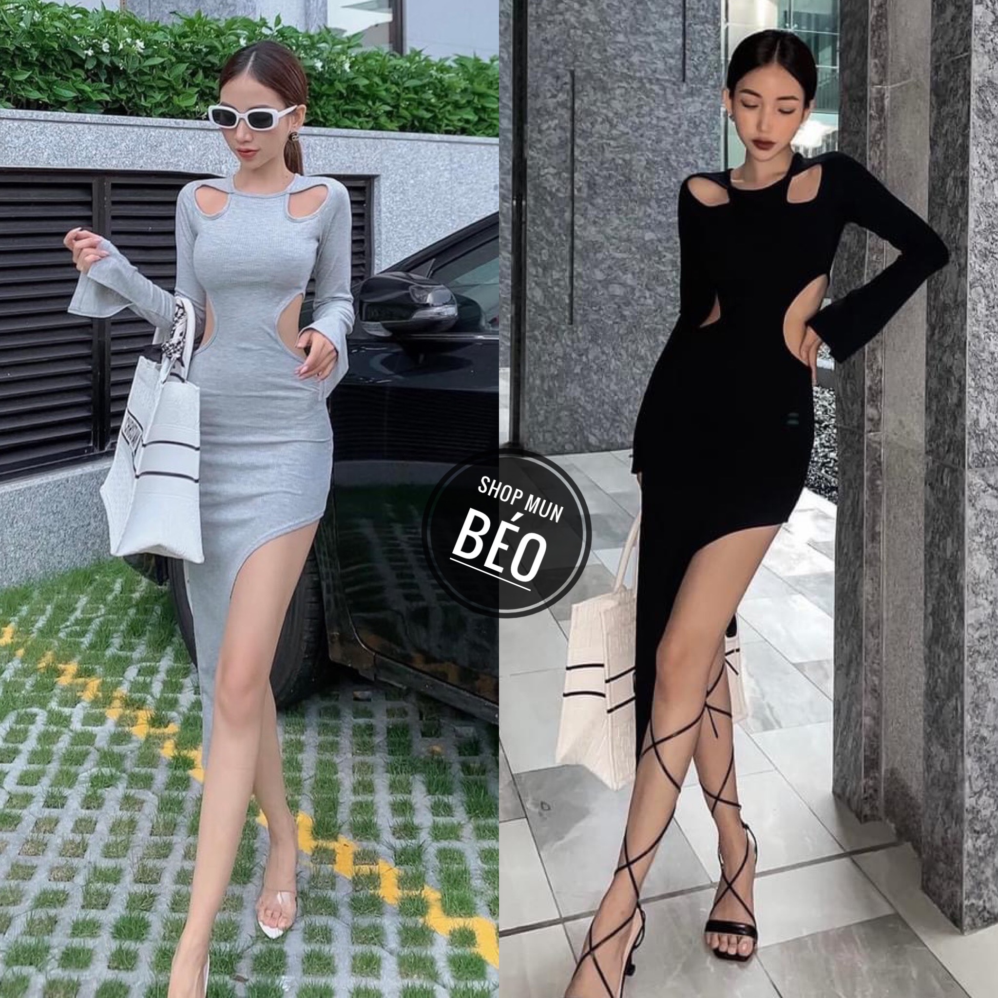 Đầm Cổ Tròn Tay Dài Khoét Vai Eo Tà Chéo Chất Thun Gân Thích Hợp Mặc Đi Tiệc Đi Làm Đi Chơi