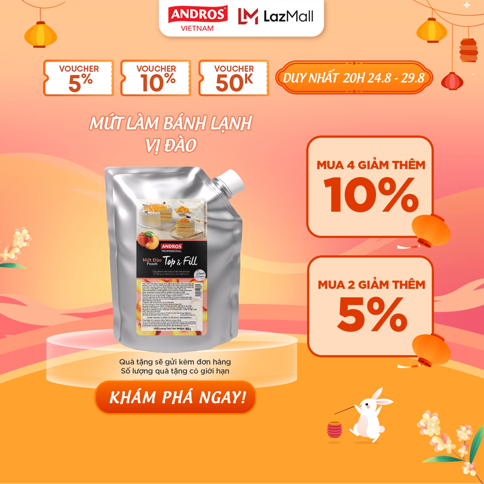Mứt trái cây dùng cho bánh lạnh vị đào - có miếng trái cây thật - andros top & fill - 900g