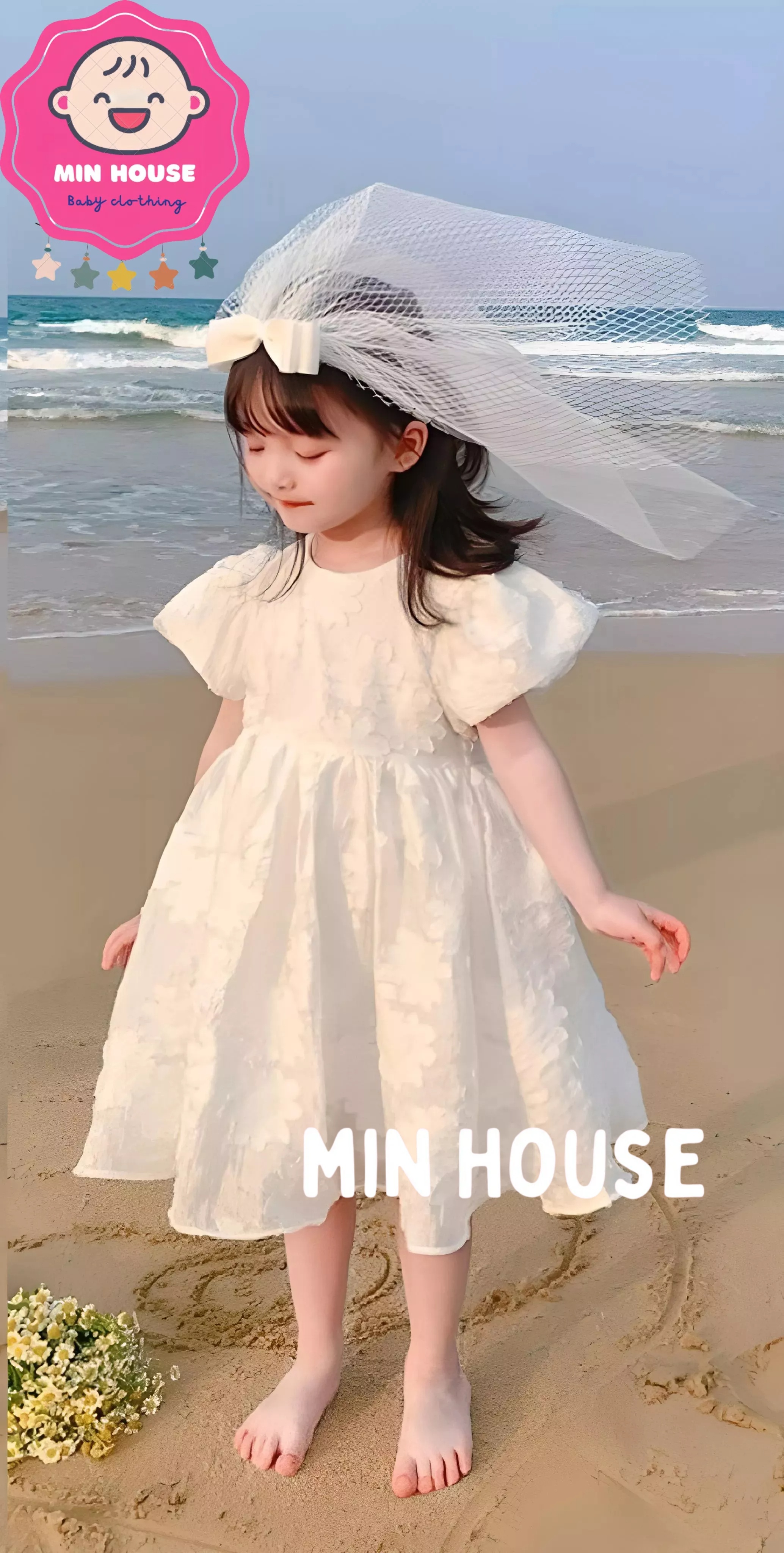 (10-26kg) Đầm trắng công chúa tay phồng cho bé gái