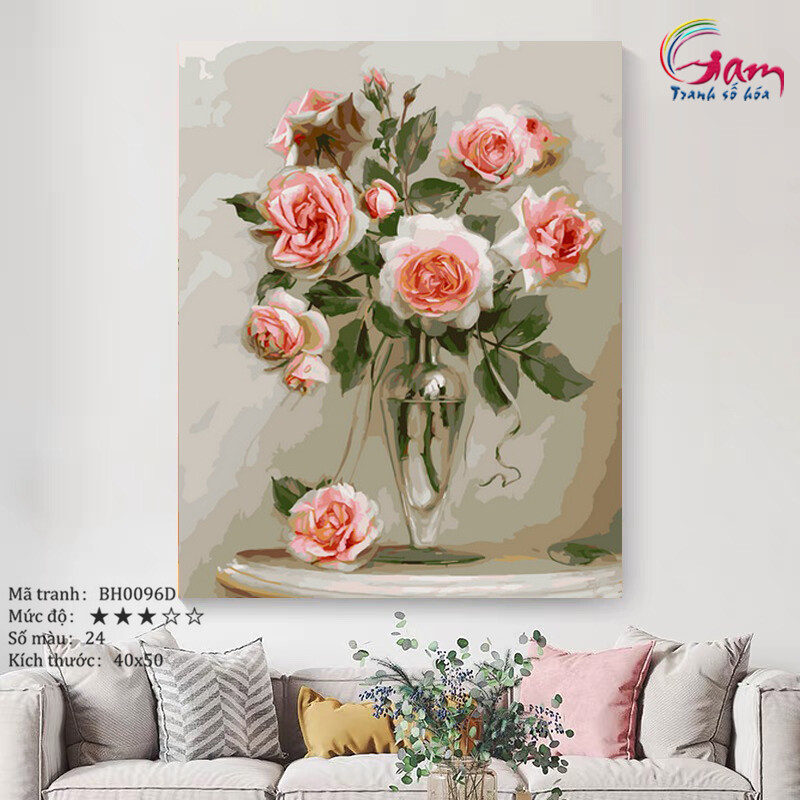 Tranh sơn dầu số hóa tự vẽ DIY Có khung lọ hoa - Mã BH0096D Hoa hồng Tranh Trang trí Sang trọng Làm quà tặng Giảm Stress