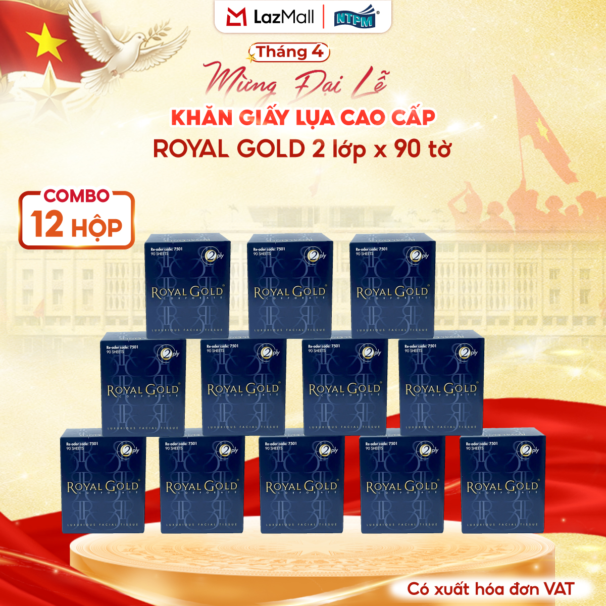 [COMBO 12 HỘP] Khăn giấy lụa Royal Gold, 2 lớp - 100% bột giấy nguyên sinh, không chất tẩy, 90 tờ/hộp - Chính hãng