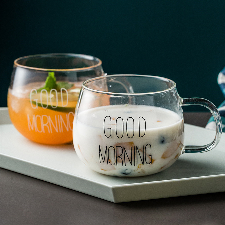 Cốc thủy tinh trong suốt good morning kiểu dáng tròn bầu có quai cầm tiện ích dung tích 320ml