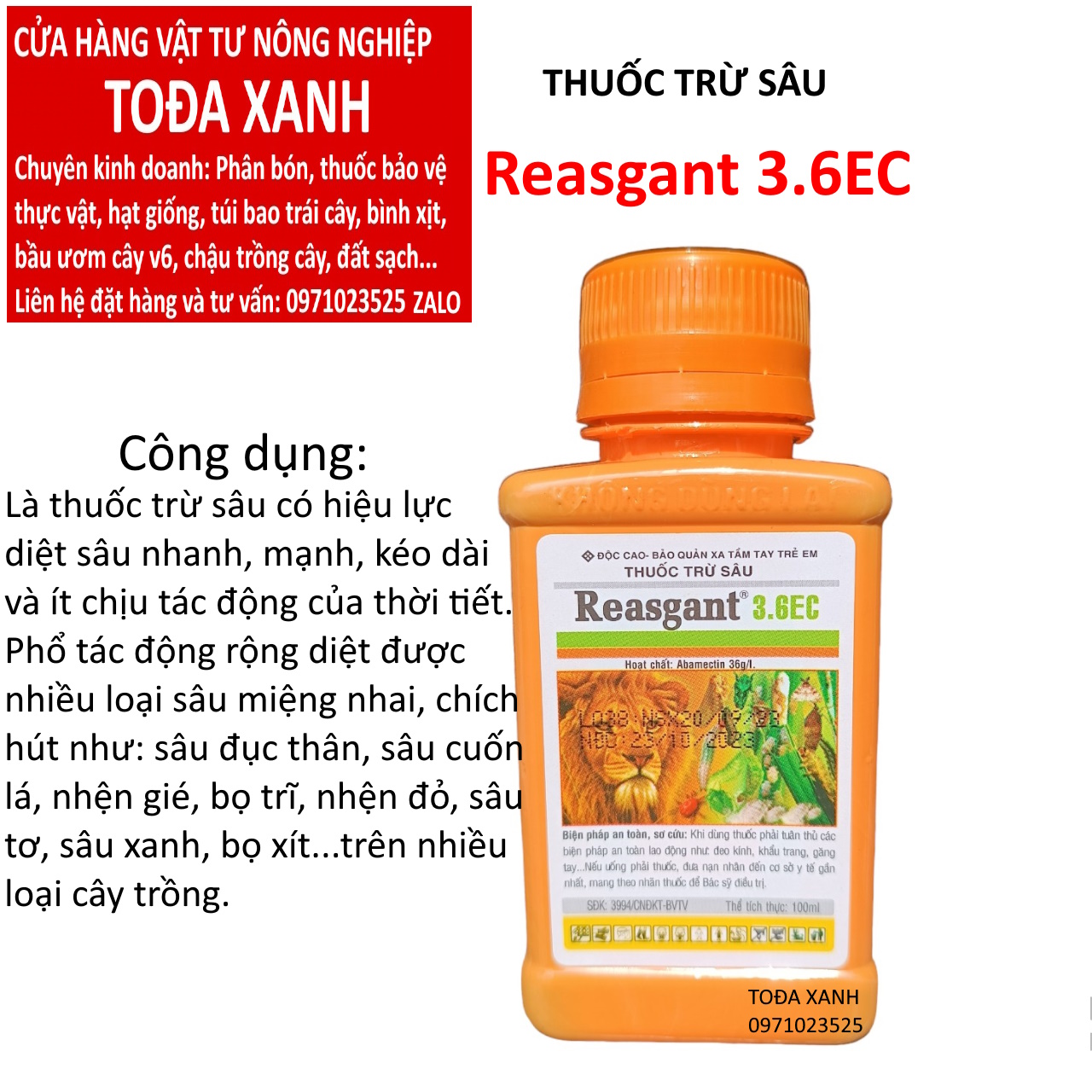 Reasgant 3.6ec 100ml, chuyên trừ nhện đỏ, bọ trĩ, bọ xít, sâu đục thân, sâu vẽ bùa...