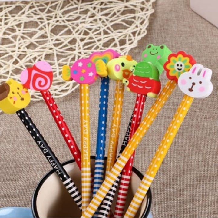 Combo 5 Bút Chì Gỗ Đầu Tẩy Hình Thú Ngộ Nghĩnh Sáng Tạo Cho Bé Học Sinh