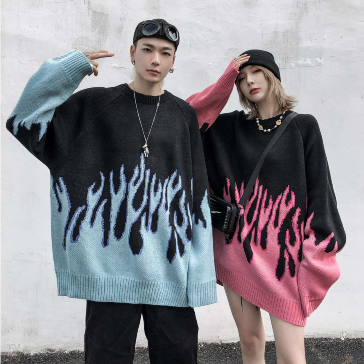 Áo sweater len nam nữ form rộng ngọn lửa xanh đen áo sweater nam unisex màu đen thời trang ulzzang h