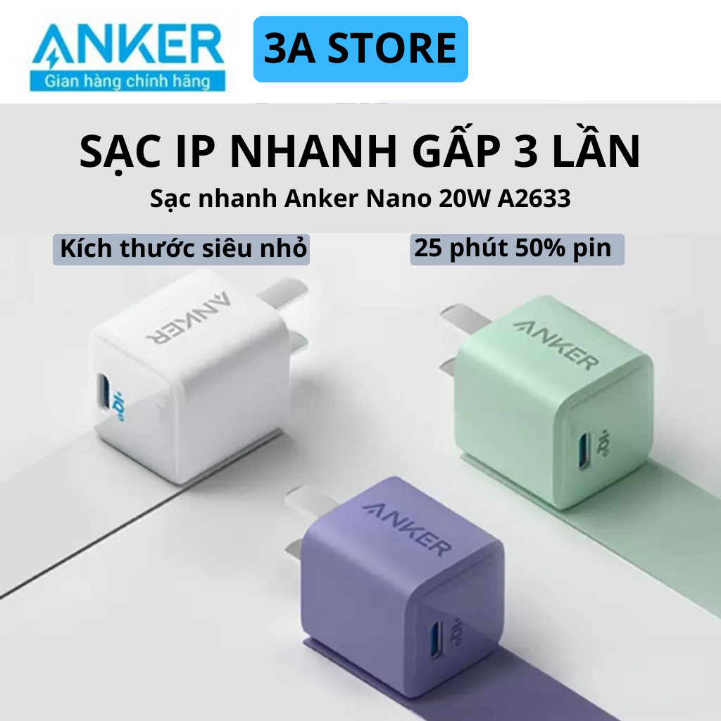 Củ sạc nhanh anker pd 20w a2633 powerport nano iii kèm cáp type c a8632 - chính hãng anker việt nam bh 18 tháng 3astore
